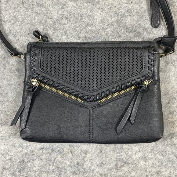 Madison West Handbags - Madison West Leather Crossbody Envelope Purse Black Leather Zipper Braided Front